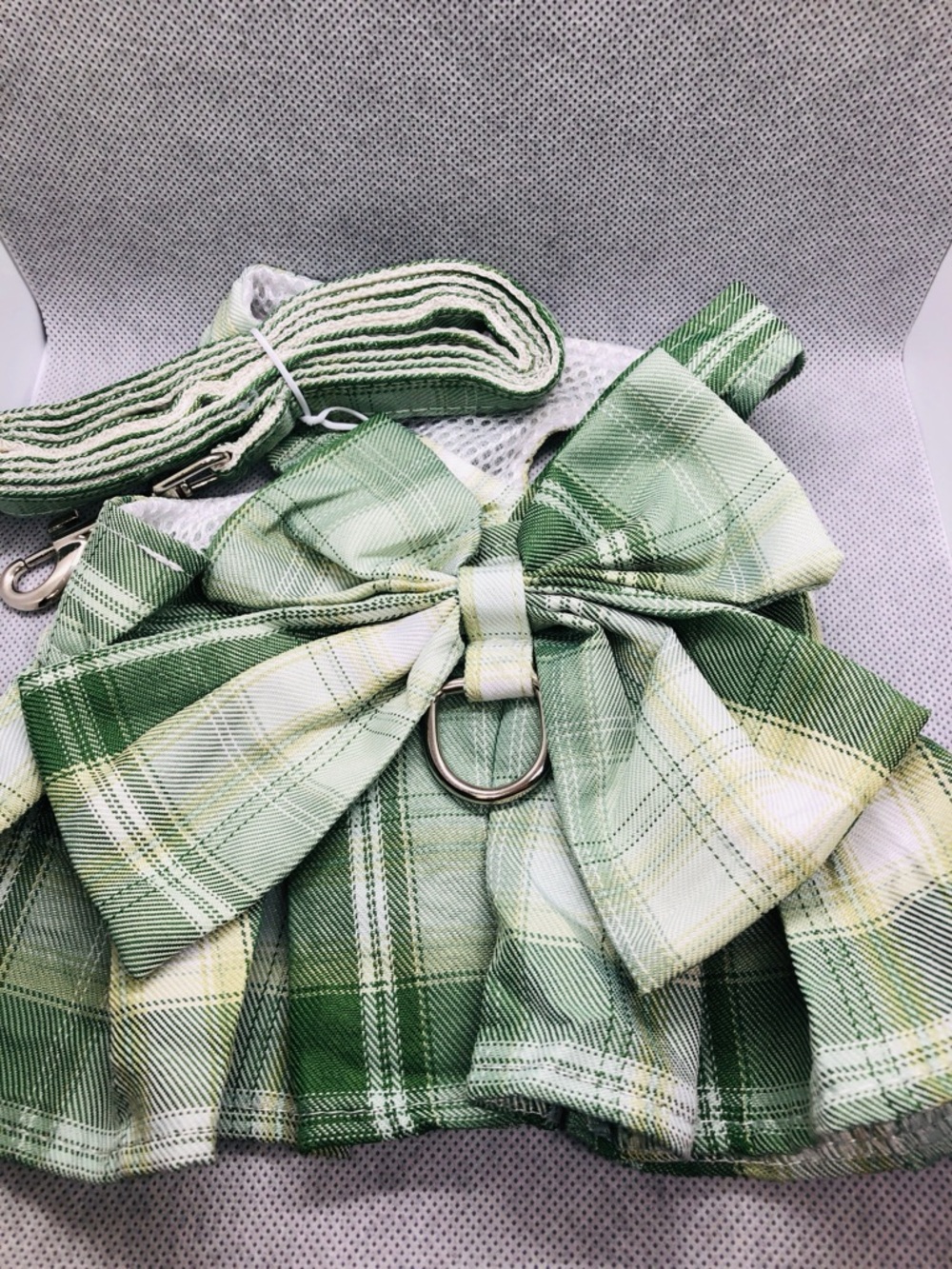 Green Plaid pet Harness Dress with Leash